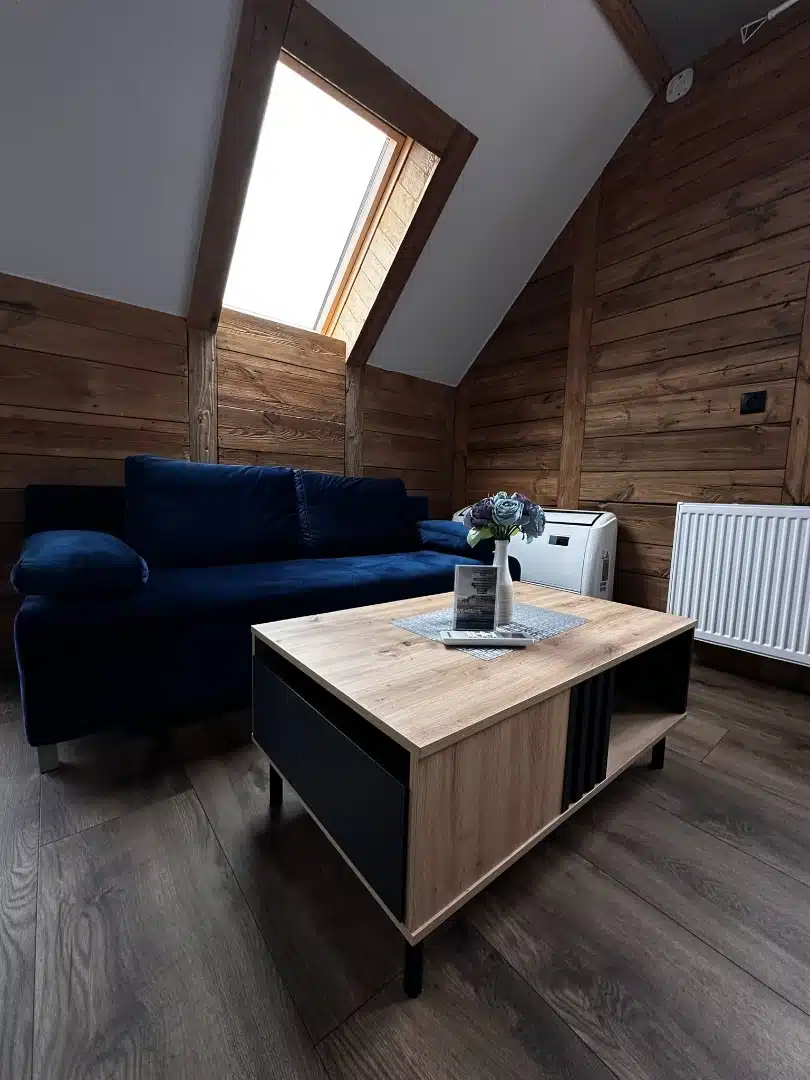 Salon w apartamencie Karino, Vigor Horses, z wygodną granatową sofą, drewnianym stołem kawowym i naturalnym światłem dobiegającym przez okno dachowe